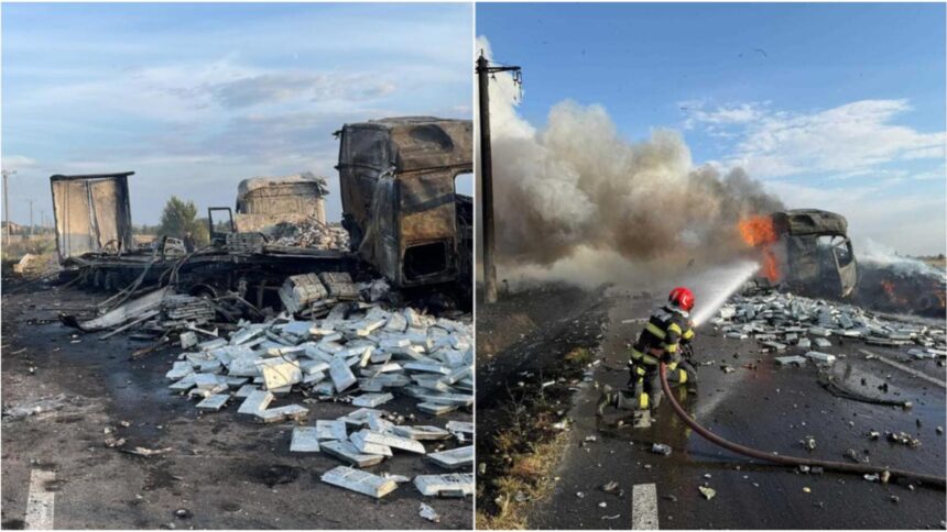 trafic blocat pe dn56 a in judetul mehedinti doua camioane si un autoturism au luat foc dupa ce s au ciocnit violent 68dbfcaca9ba9